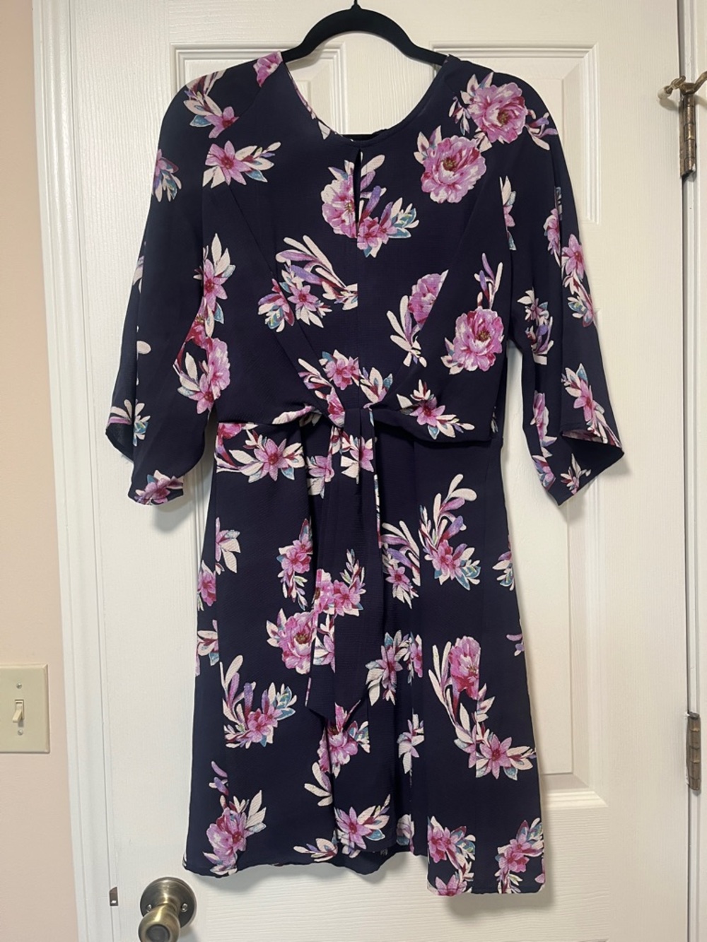 Women's Navy Floral Tie-Waist Long Sleeve Dress - Pink Blossom Print